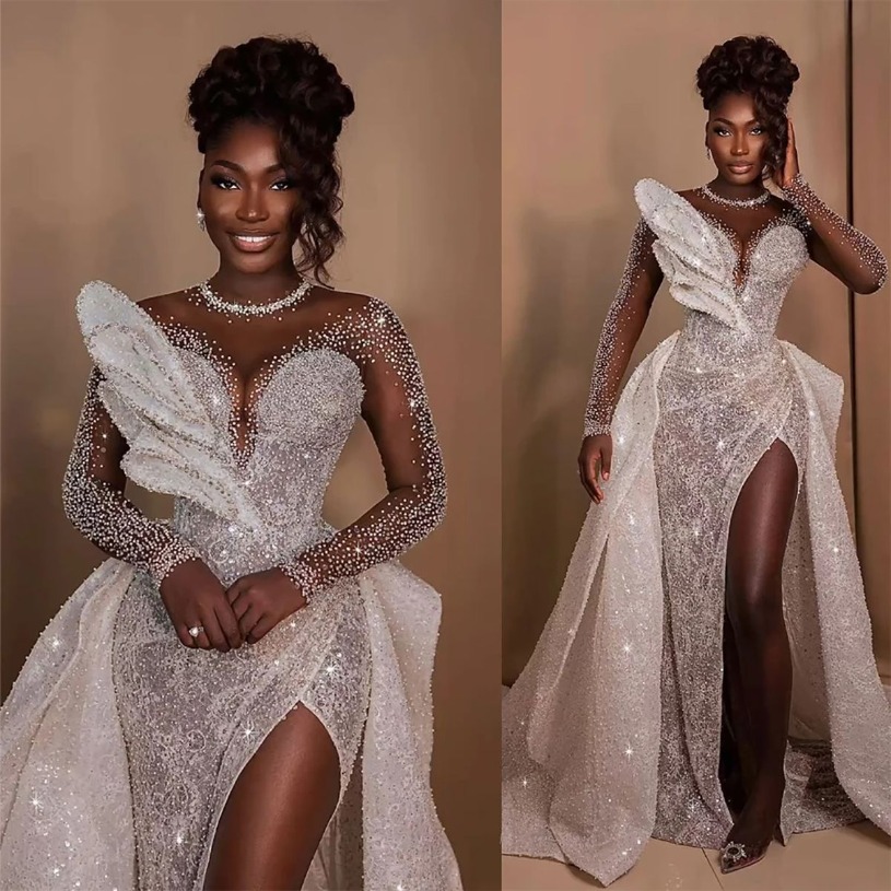 Black Girl Mermaid Wedding Dress Shiny Beading Sheer Neck Bridal Gowns Custom Made High Split Long Sleeve Bride Dresses 4J01