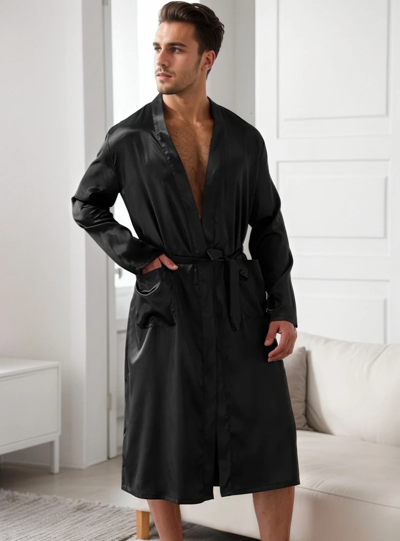 Comfortable Mens Black Satin Pajama Set VNeck Long Sleeve Robe With Shorts Casual Sleepwear And Homewear For Summer Plus Size 260106