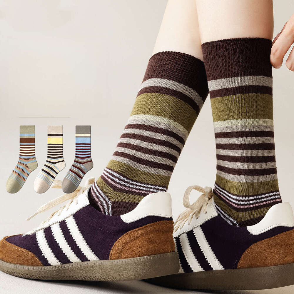 Color-Block For Women, Mid-Calf, Autumn And Winter, Striped, Internet Celebrity, Trendy, Sports, Odor-Resistant, Sweat-Absorbing, Long Socks, Cotton Socks B2