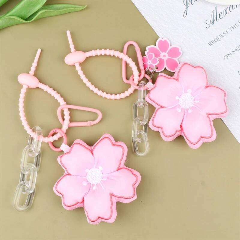Pink Cherry Blossom Chain Fabric Sakura Pendant Cute Flower Key Ring Backpack Charms Car Decoration Bag Accessories XJ260106