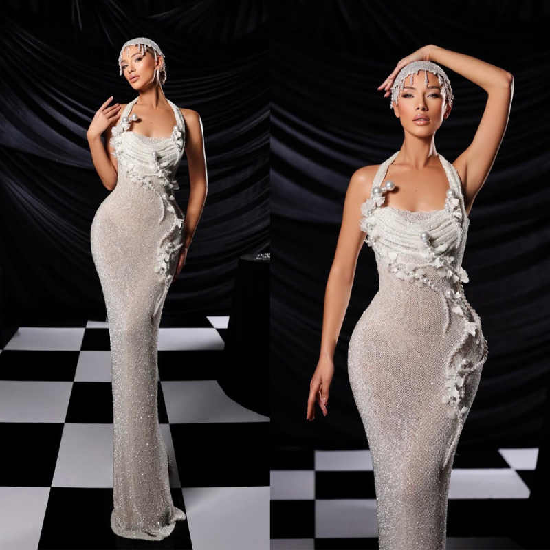 Luxury Halter Pearls Mermaid Wedding Dresses Exquisite Sequined Sleeveless Bridal Gowns Customized Floor Length Vestido De Novia
