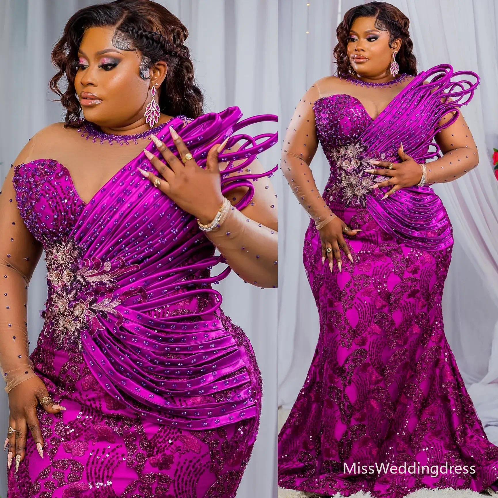 Mermaid Purple Plus Size Prom Dresses - Floral Lace Sequined Evening Gown with Crystals for Formal Party, Engagement, Special Occasions 2025