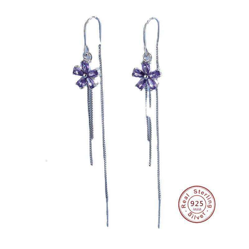 Elegant 925 Needle Long Tassel Chain Dangle Drop Earrings For Women Fashion Purple Flower Korean Style Silver Jewelry