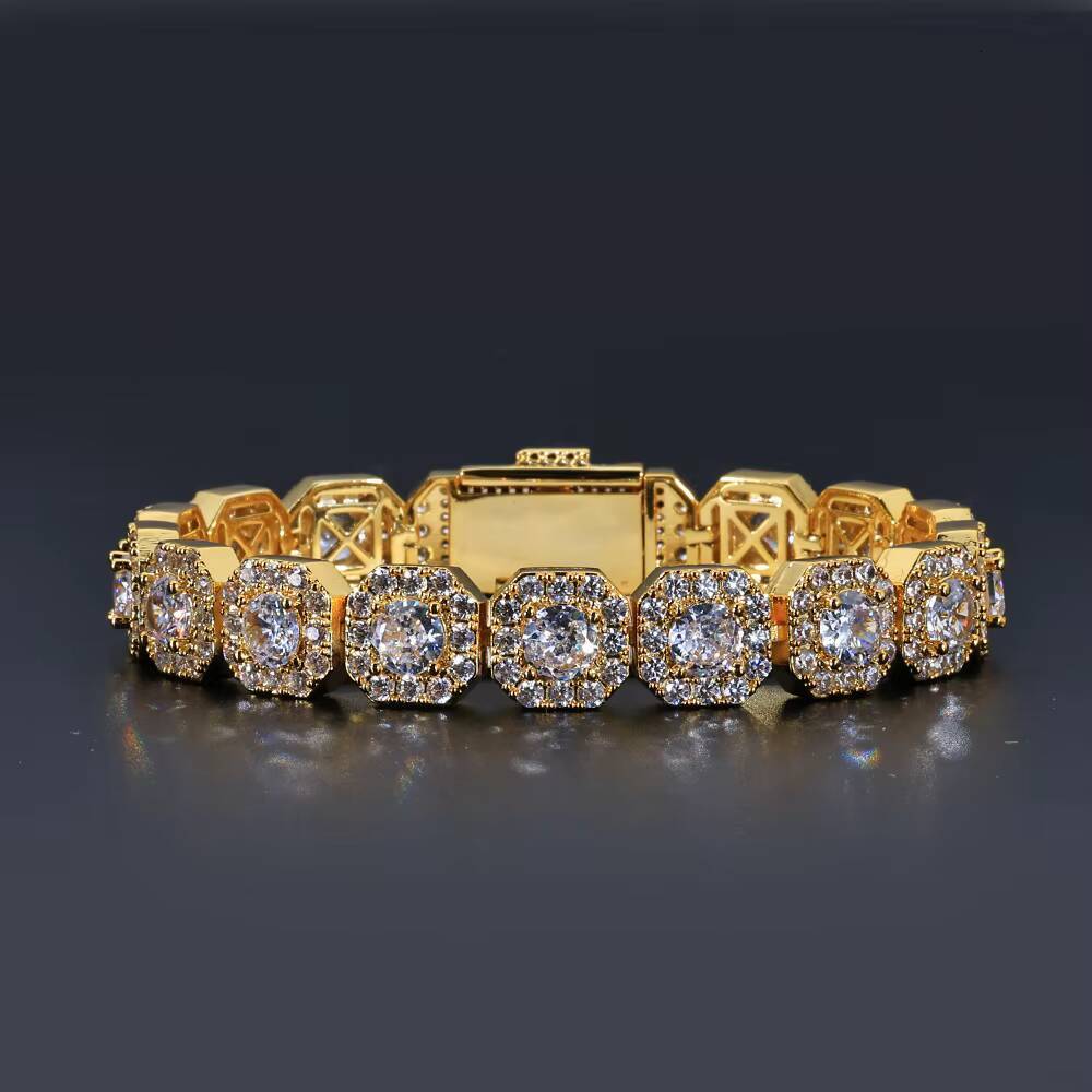 Wholesale 12mm 925 Silver Hip Hop Tennis Bracelet Unisex 18K Gold Plated VVS Moissanite Clustered Iced Chain for Certified