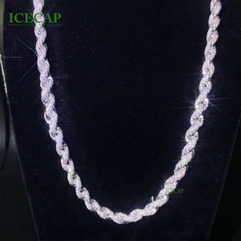 VVS Moissanite Rope Chain Necklace for Women Men 8mm Iced Out Tennis Style S925 Silver with Cuban Hip Hop Inspired Design