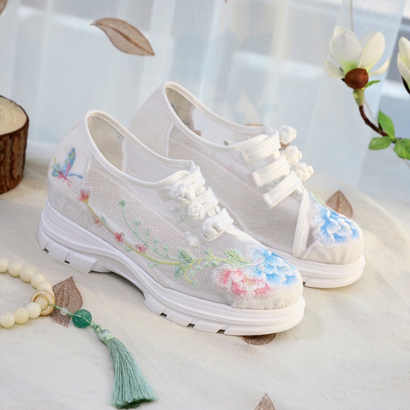 Ddmysports Mesh Spring New Ethnic Embroidered With Hidden Wedge Ancient Style Hanfu Square Dance Shoes For Women Outdoor Shoes