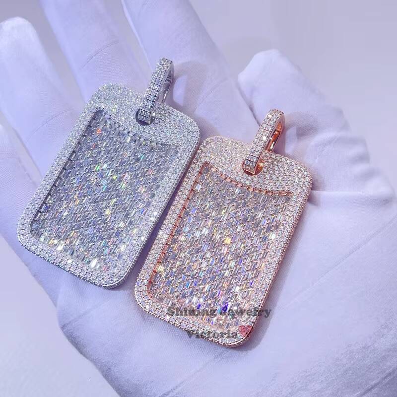 White Gold Rose Gold Hip Hop Iced Out VVS Moissanite Diamond Baguette Dog Tag Pendant