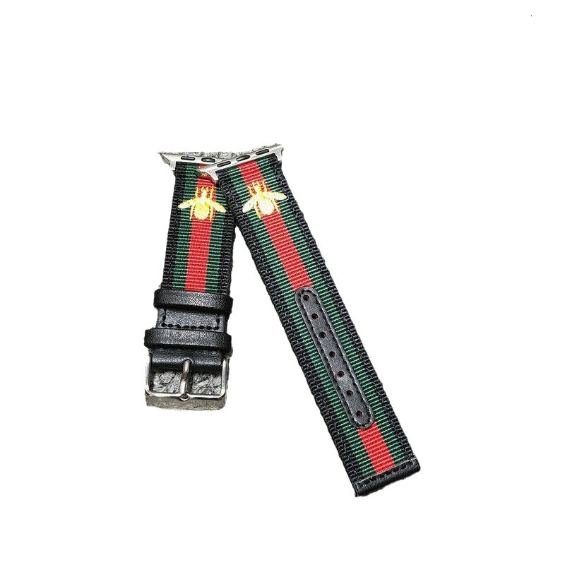 Compatible with Bee Red Green Striped Luxury Trendy Brand Apple Watch Nylon Strap Canvas S8 S7