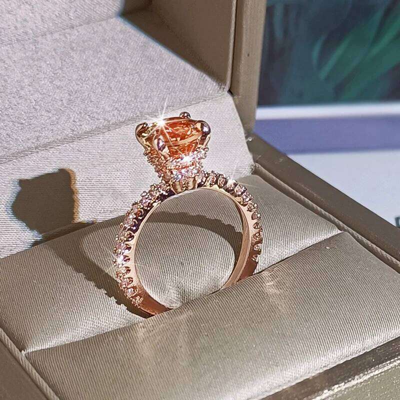 Luxury Big AAA CZ Women Fashion Party Jewelry Princess Cut Simulated Stones Rose Gold Color Wedding Band Ring Gift