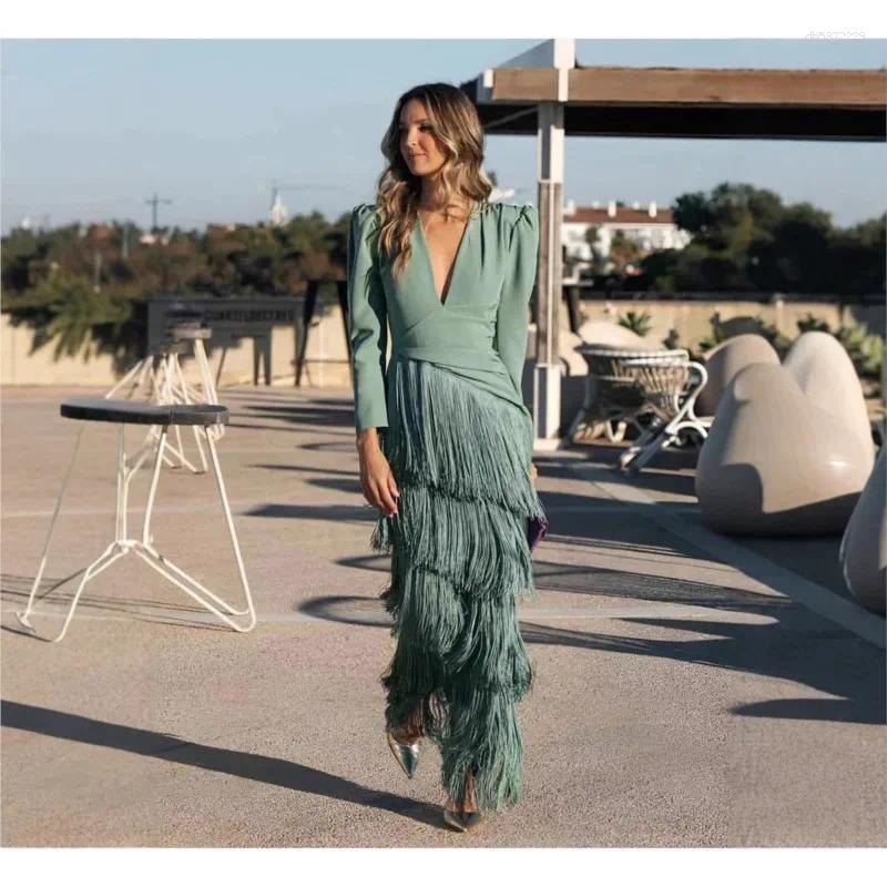 Casual Dresses Autumn Long Sleeve Spliced Tassel Party Woman Elegant Deep V Neck Sheath Dress Fashion Holiday