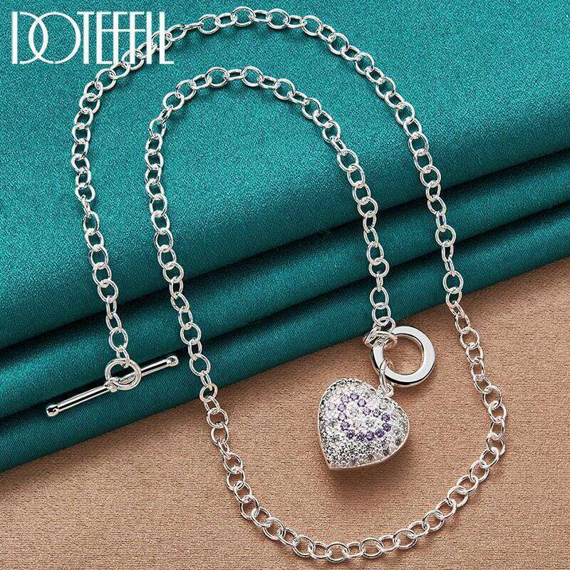 DOTEFFIL 925 Sterling Silver White/Purple AAA Zircon Heart Pendant Necklace TO Chain For Women Fashion Wedding Charm Jewelry
