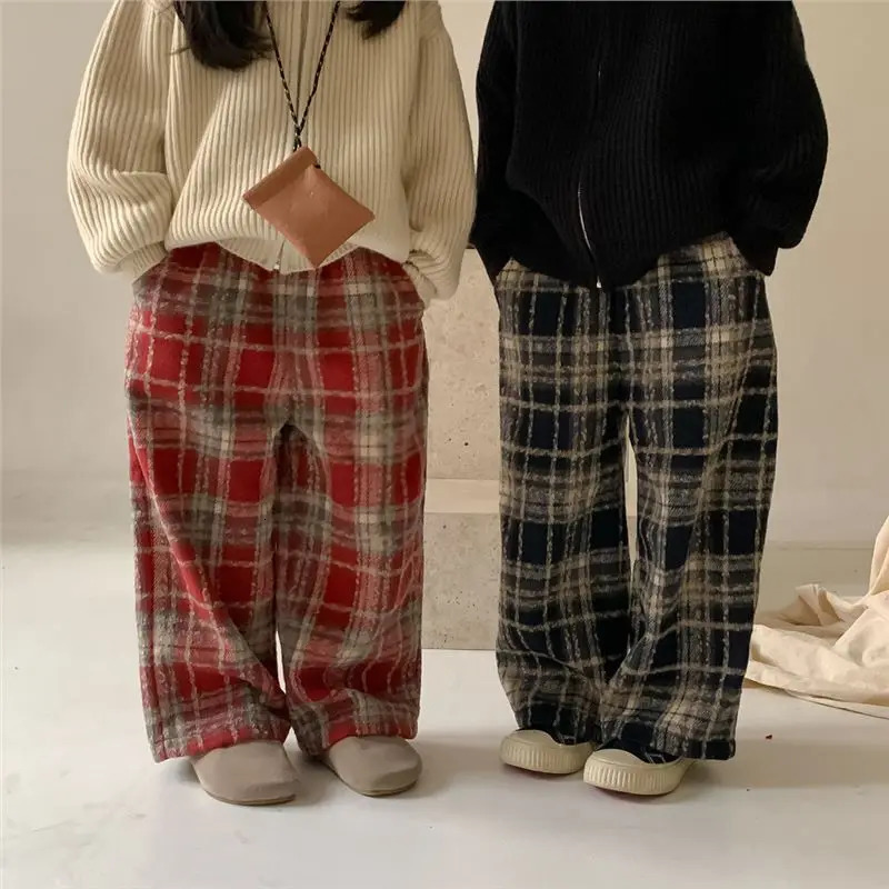 Kids Plaid WideLeg Wool Pants Boys Girls Winter Clothes Warm Autumn Bottoms 260104