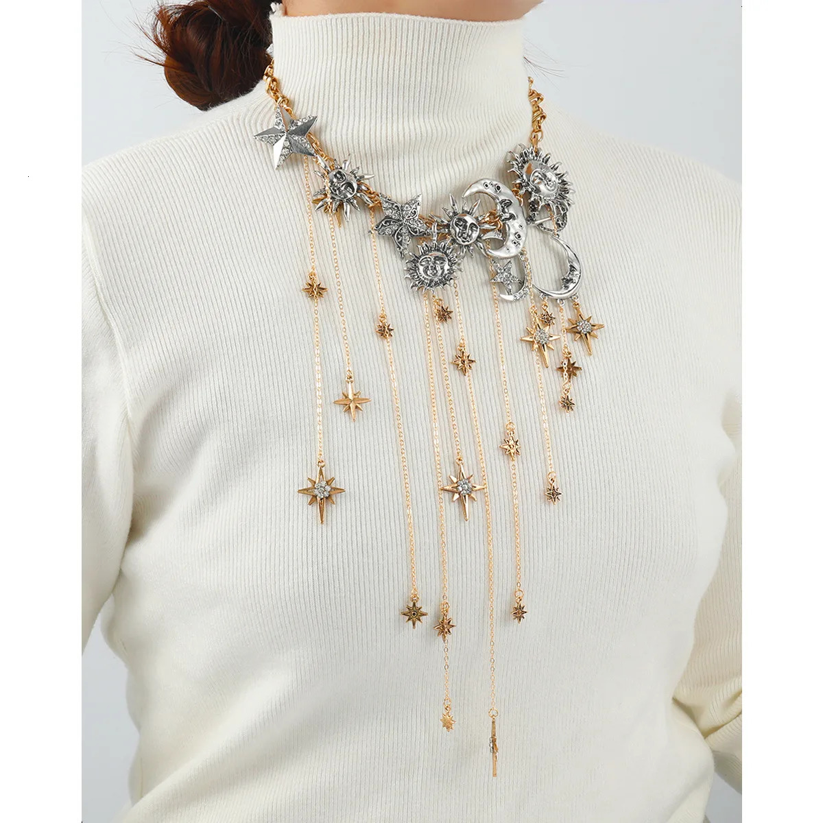 Exaggerated Multi-layered Tassel Pendant Necklace with Moon Star Sun and Full Diamond n for Women in Boho Style 251230