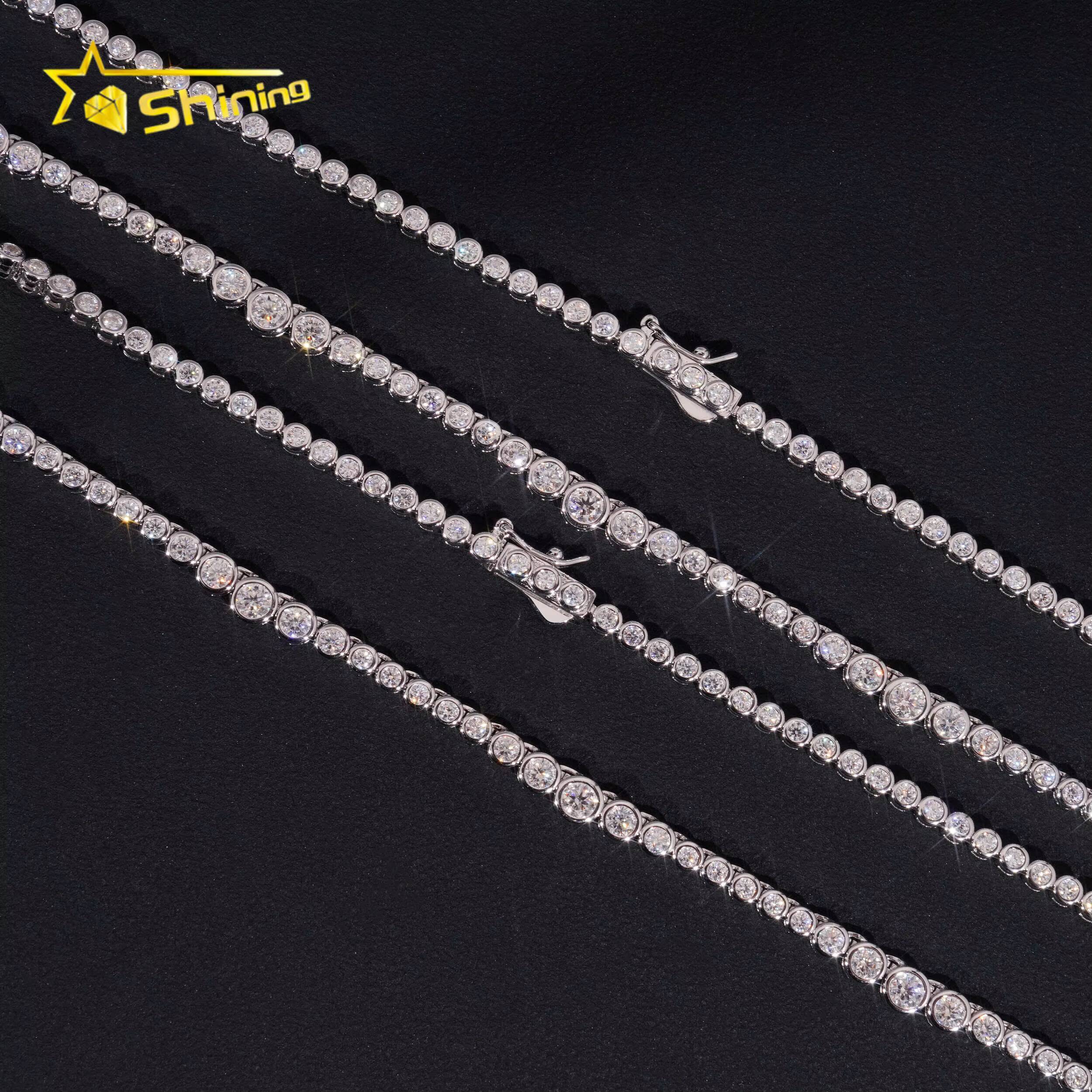 New Fancy Design Bezel Moissanite Choker Necklaces 925 Sterling Silver 2MM Hip Hop Moissanite Tennis Chain for Men Women