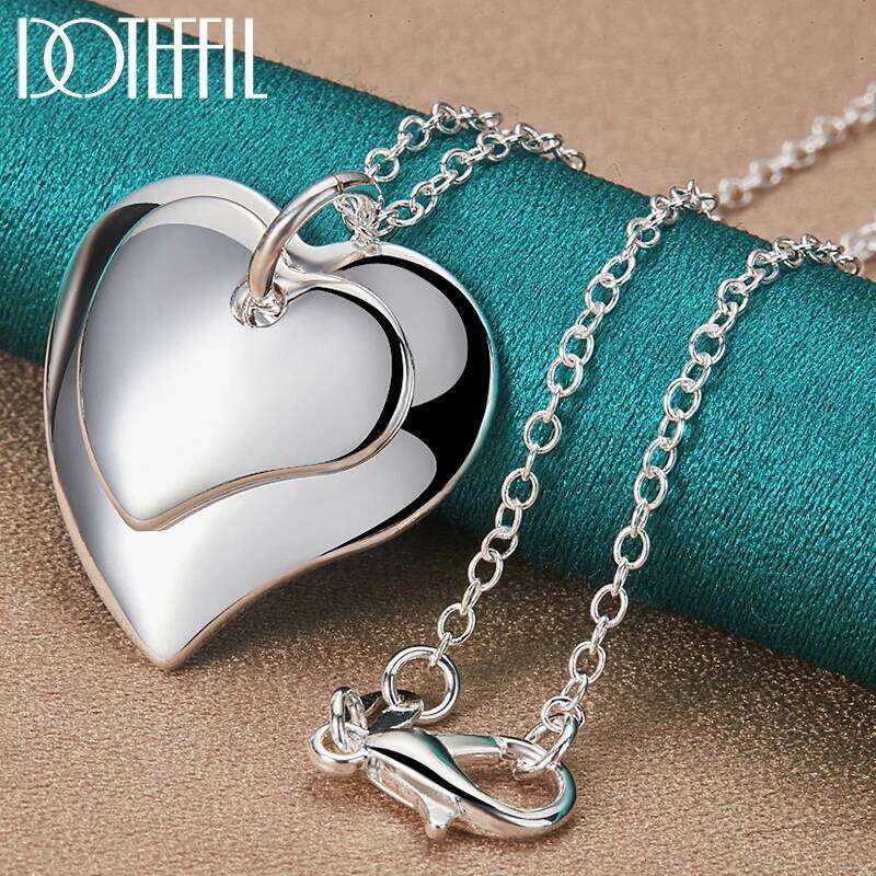DOTEFFIL 925 Sterling Silver 18-30 Inch Chain Double Heart Pendant Necklace For Women Wedding Fashion Charm Jewelry
