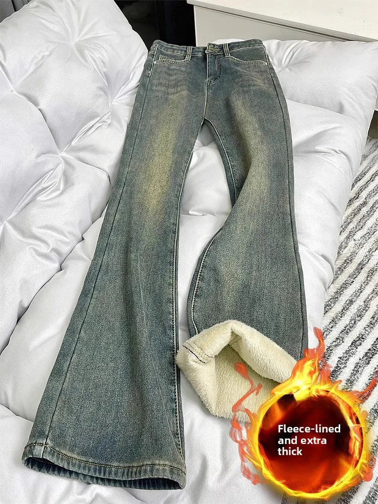 Vintage Womens Jeans Winter Fleece High Waist Slim FitEurope and AmericaStyle Micro Flared Trousers Horseshoe Floor Length 260104