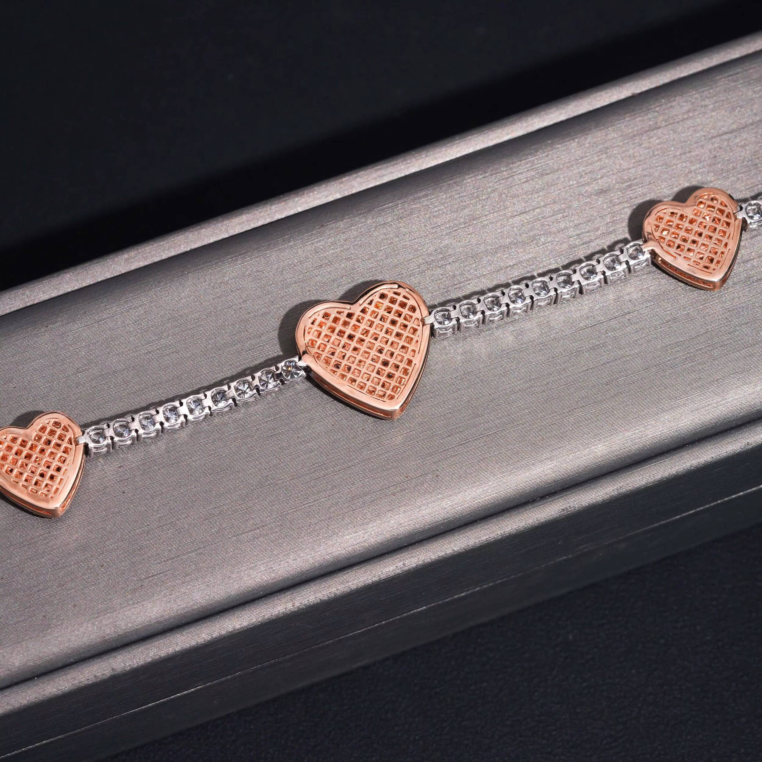 VVS Moissanite Diamond 10K Solid Rose Gold Mix White Gold Heart Charm Tennis Bracelet