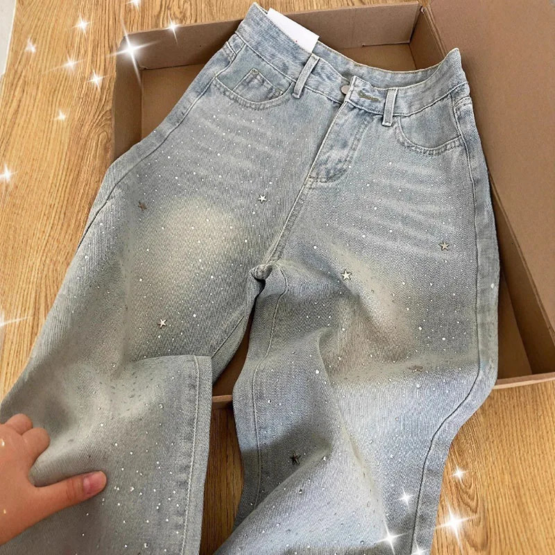 Elegant Light Blue Beaded Straight Denim Pants for Women High Waist Slim Fit Wide Leg Long Trousers 260106