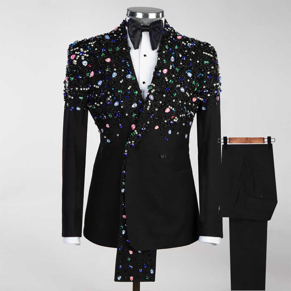 Glitter Crystals Men Wedding Tuxedos Double Breasted Peaked Lapel Pant Sets Classic Fit Prom Male Party Customized 2 Pieces