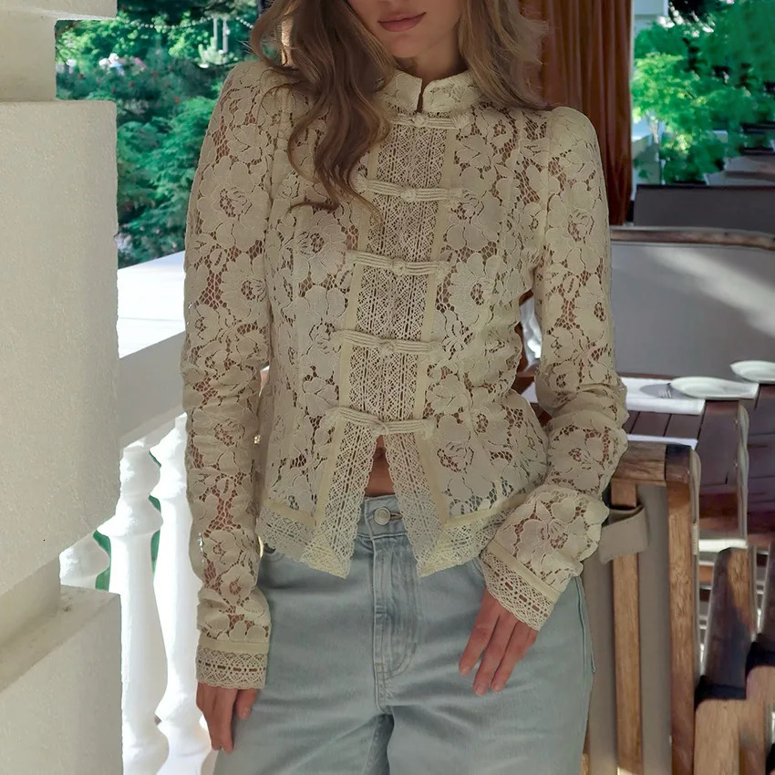 Hollow Lace Knitted Shirt Retro Button n Stand Collar Long Sleeve Slim 2025 Womens Summer Sexy Top 251231