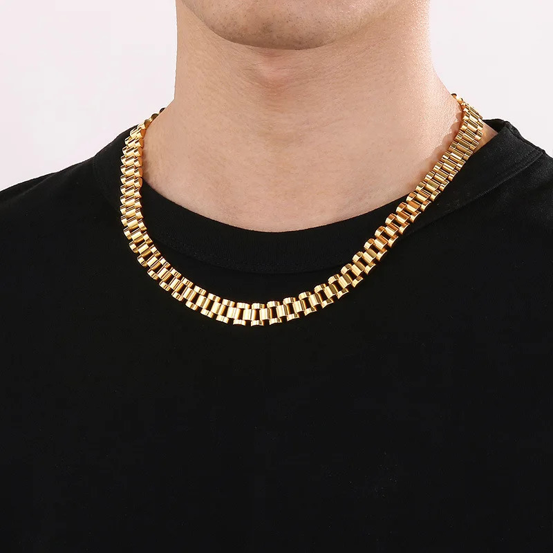10MM Punk Gold Color Strap Watchband Necklace Bracelet Men Women Hiphop Rock Stainless Steel Watch Chain Choker Jewelry 251230