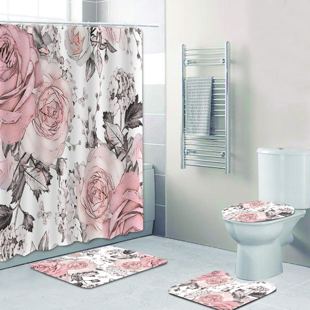 YL-38103 Floral Shower Curtain Set with Watercolor Floral Print Polyester Waterproof Shower Curtain and Bathroom Cover