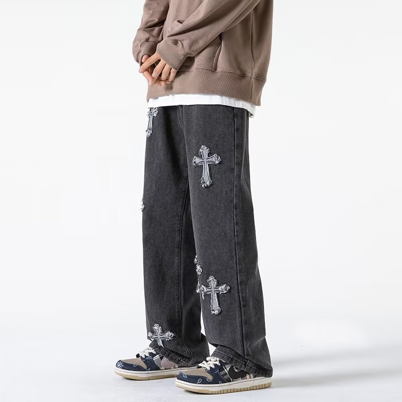 Luxury Brand Designer Clothes Cross Jeans Men Spring Autumn American Retro Trendy Brand Ins Loose Straight Pants Fashion Casual Wide Leg Pants