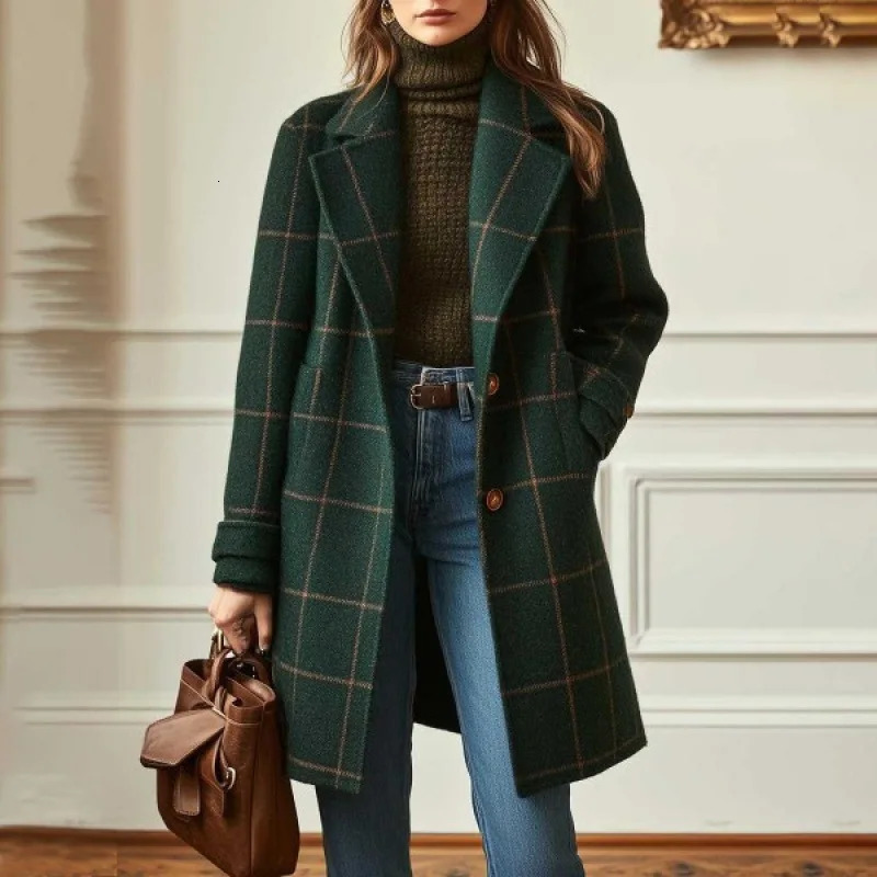 Winter Plaid Wool Trench Coat SingleBreasted MidLength Notched Collar Trendy Casual Fashion Women Outerwear Daily Wear 260106