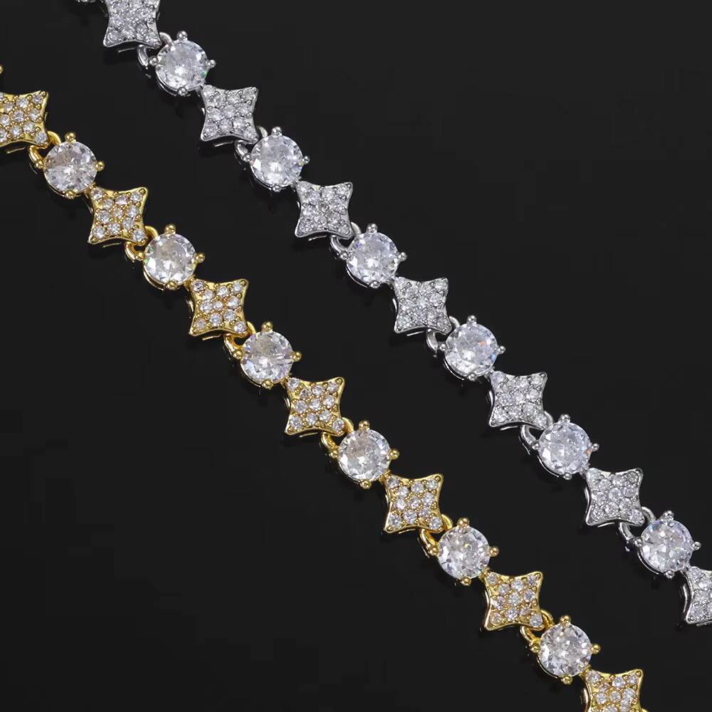 NUOYA Hiphop Custom Star Shape Round Cut Shiny VVS Moissanite Chain 6mm 925 Sterling Silver Tennis Chain Womens Fine Jewelry