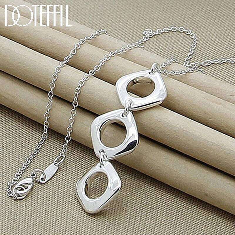 DOTEFFIL 925 Sterling Silver 18 Inch Chain Geometric Square Round Pendant Necklace For Women Engagement Jewelry Christmas Gifts
