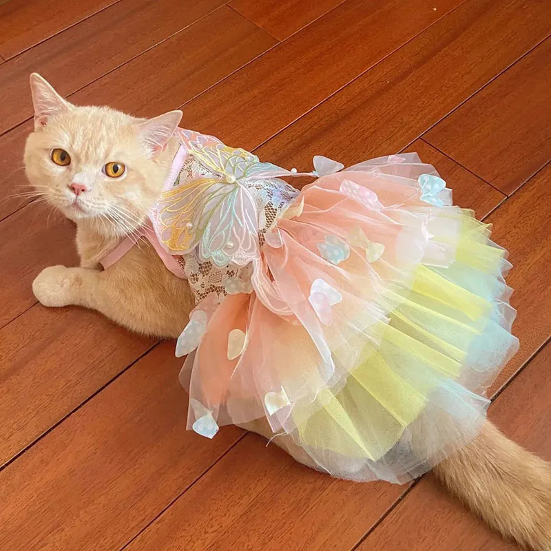 Pink Butterfly Lolita Dress for Small Dogs Pet Princess Lace Skirt with Wings Cat Puppy Kitten Dresses Wedding Party Outfit 251225 H260130