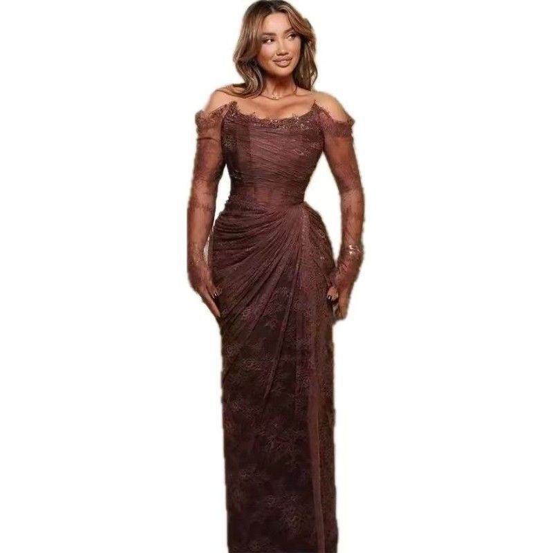 Elegant Chocolate Lace Sheath Mother Of Bride Long Sleeves Sexy Off Shoulder Formal Occasion Gowns Floor Length Women Party Evening Dress J06