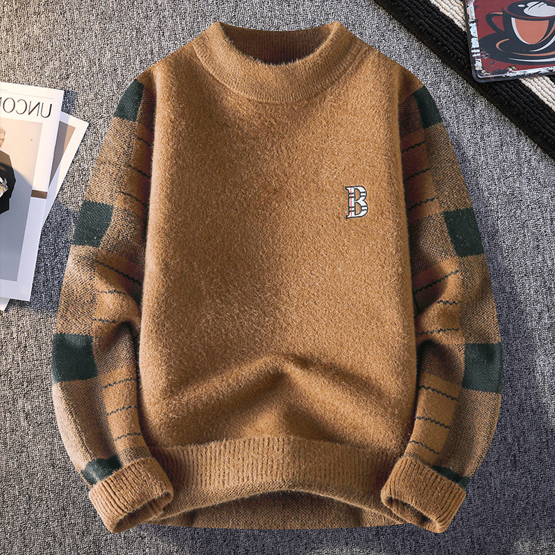 2026 Half-neck Sweater For Men - Fall/winter Multi-color Embroidery Underwear With Center-back Collar And Slim Fit Knitted Shirt - Thick Striped Botto