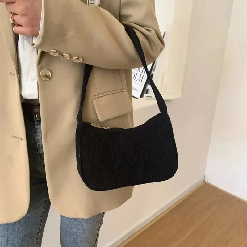 Retro Underarm Bag Womens Half Moon Shoulder Fashion Solid Color Small Handbags For Women Zipper Corduroy Clutch 260104