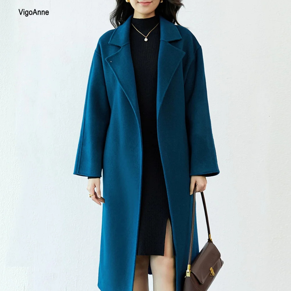 VigoAnne Winter Blue 100 Real Wool Long Coat Women 2025 Warm Nature Cashmere Jacket Lady Elegant Pure Woolen Trench 251226