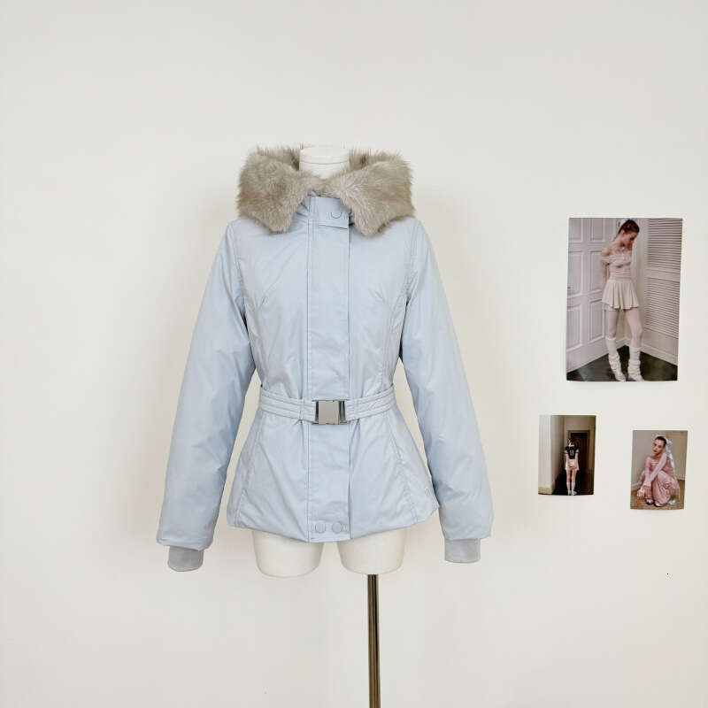 White Duck Light Blue Down Belt Waist Slimming Thickened Warm Ski Jacket Coat WKERSIY