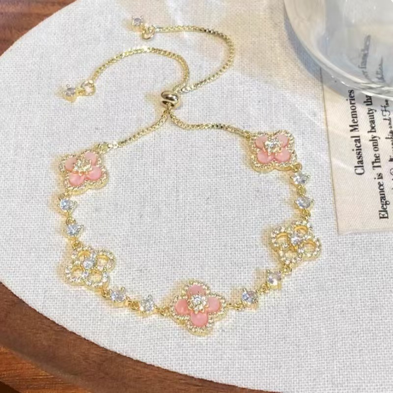 Women Clover Adjustable Bracelet Fashion Enamel Zircon Slider Chain Bracelet for Party Daily Wear 3 Color Options Jewelry Gift