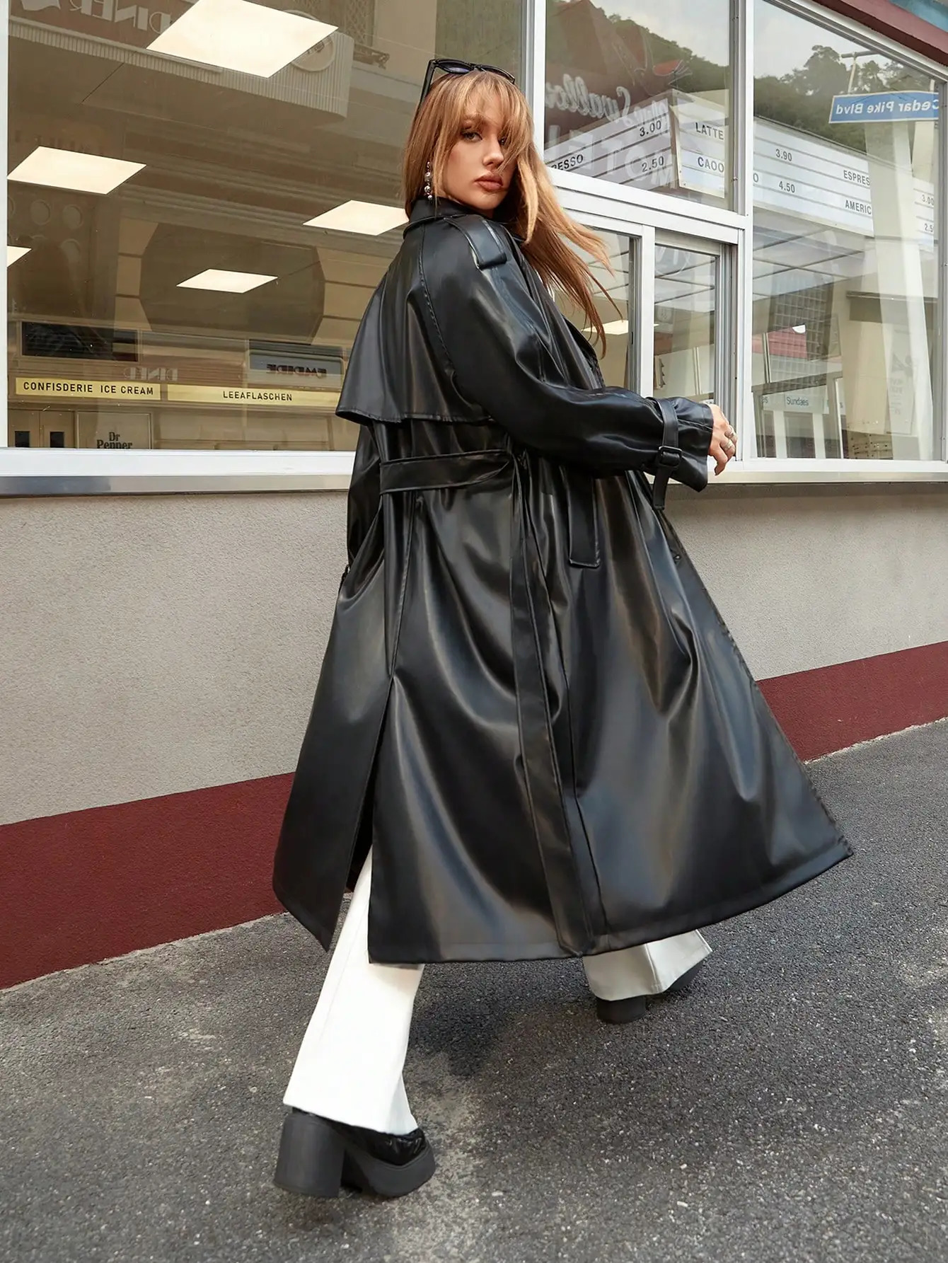 A stylish spice girl long PU trench coat 260106
