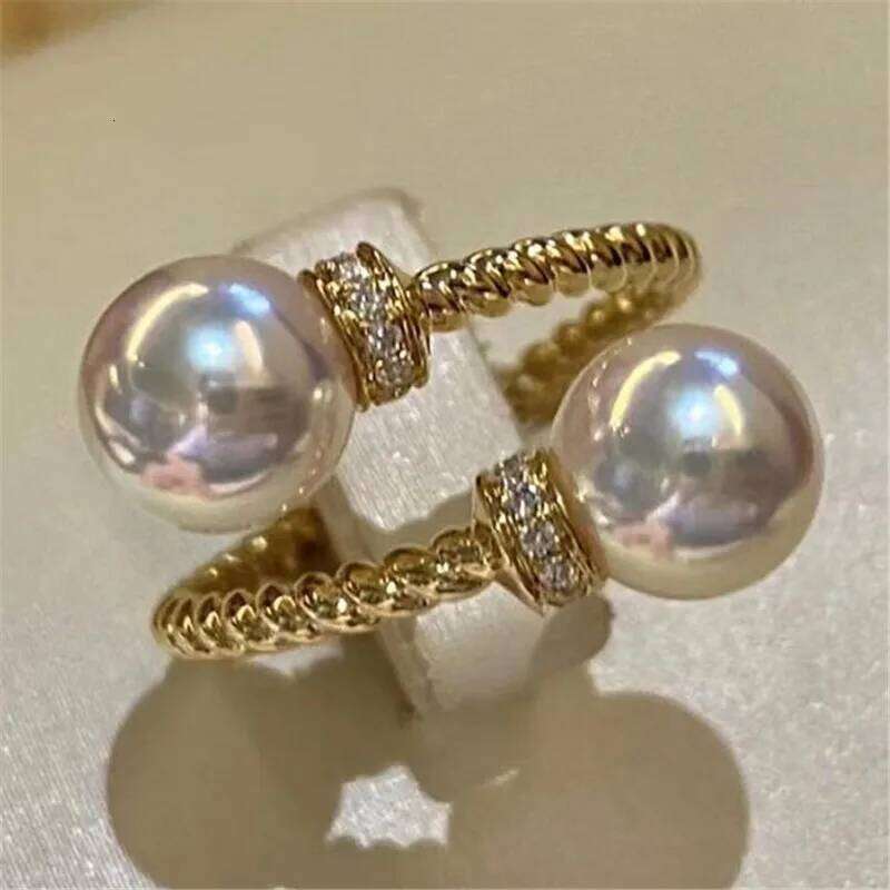 Double Pearl Open Ring for Women Gold Color Twist Band New Fashion Accessories Wedding Jewelry