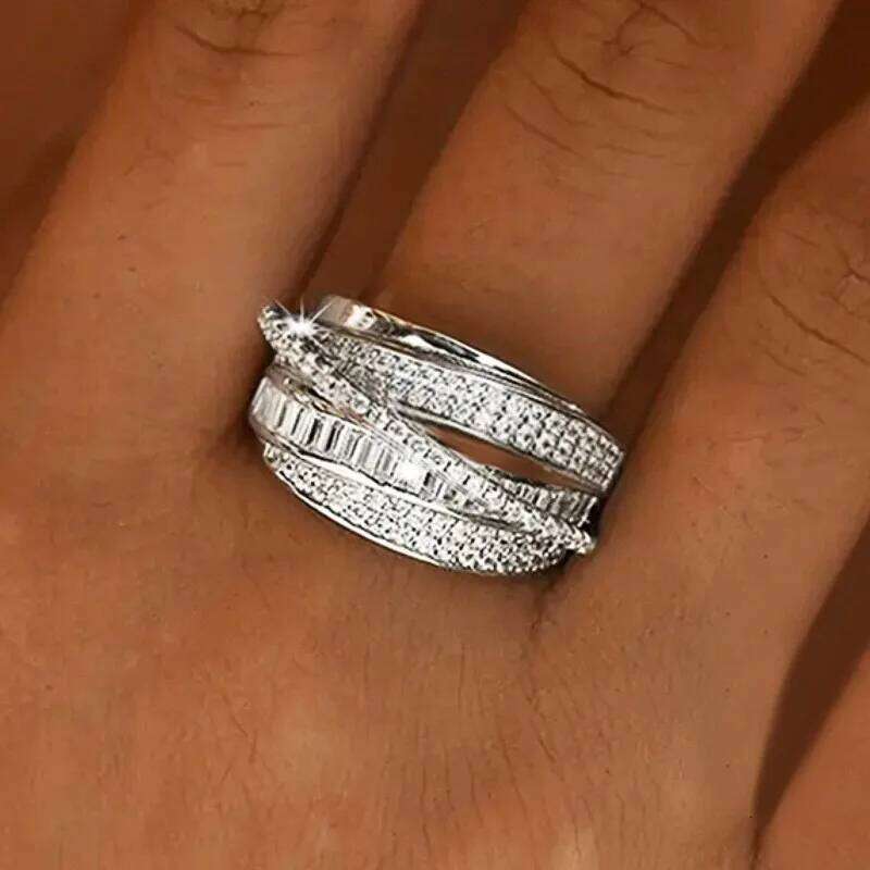 Women Wedding Fashion Cross Design Full Bling Iced Out Cubic Zirconia Rings Luxury Engagement Jewelry