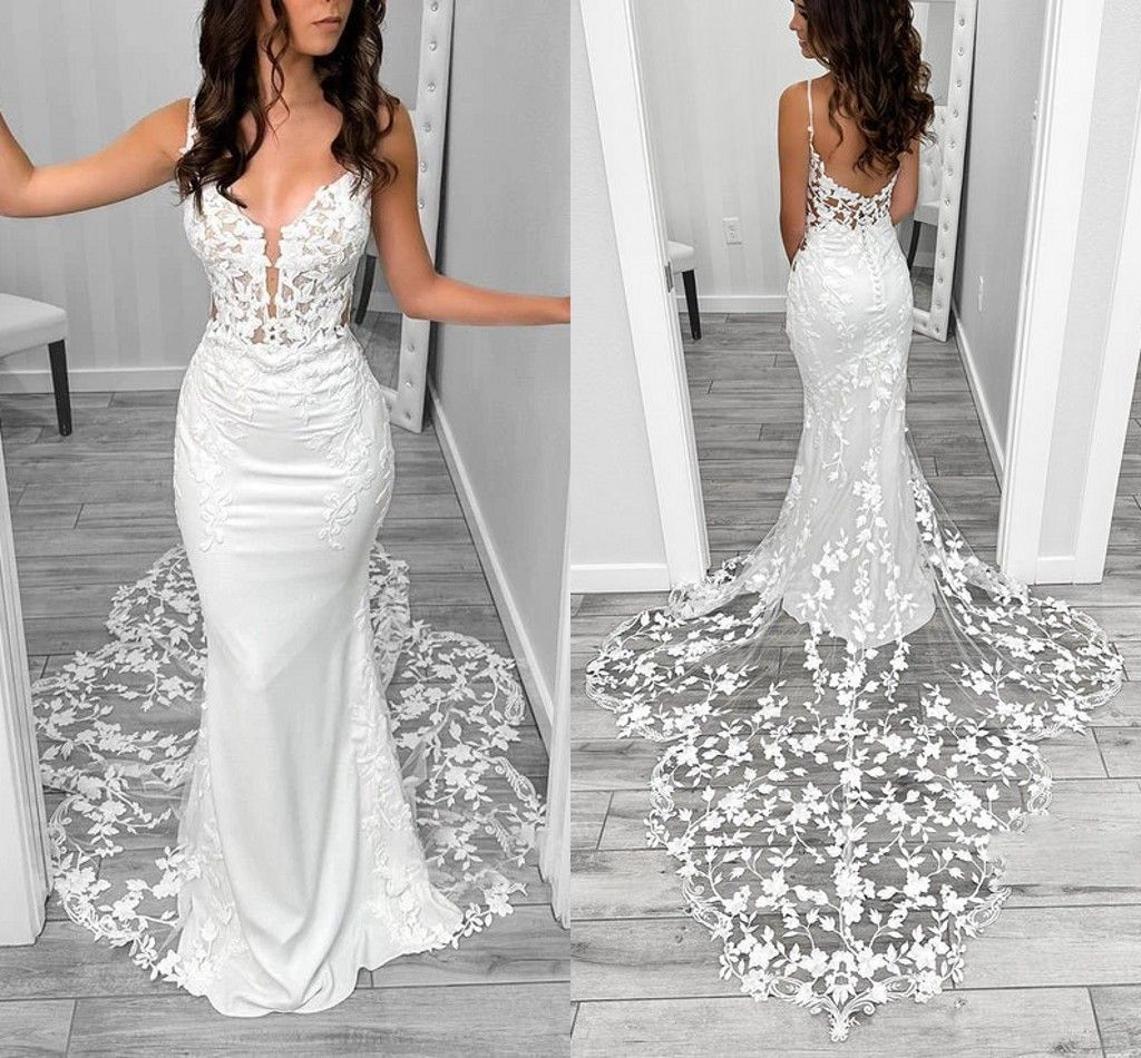 White Lace Mermaid Wedding Dresses For Women Spaghetti Straps Cournt Train Boho Bridal Gowns Sexy Bacless Plus Size Bride Vestidos De Novia