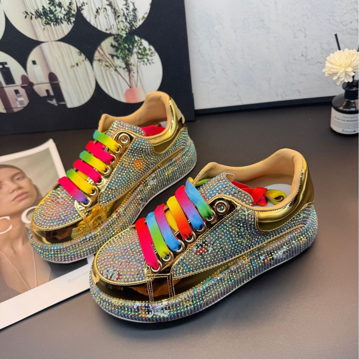 Women's Full Rhinestone Shoes Colorful Sparkly Gold Trendy Versatile Breathable Cool Casual Sneakers Plus Sizes 41 42 43