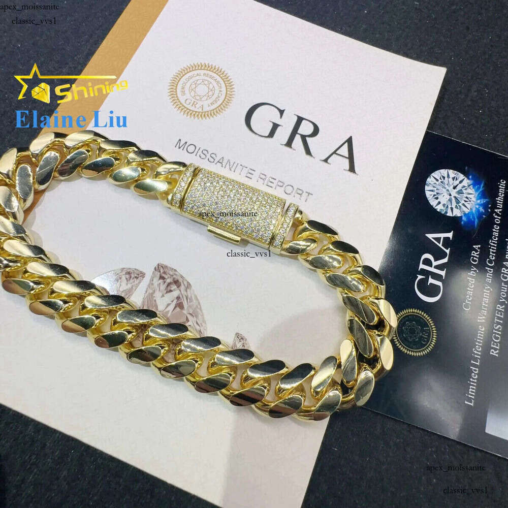 Fashion Sterling Silver 925 VVS Moissanite Lab Diamond Clasp Hip Hop Jewelry 14K Real Gold Plated Cuban Link Chain Bracelet 75