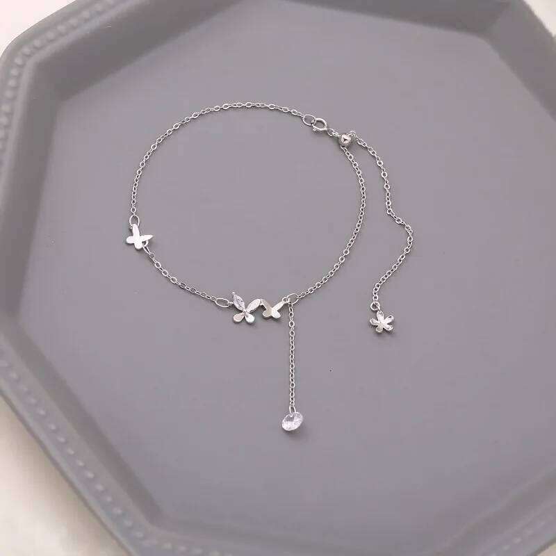 Sam panda 925 Sterling Silver Butterfly for Women Delicate Zircon Tassel Anklet Bracelet Summer Jewelry