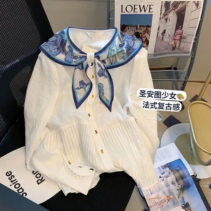 White Doll Collar Patchwork Shirt for Women Spring and Autumn French Style Unique and Chic Shirt 210417w