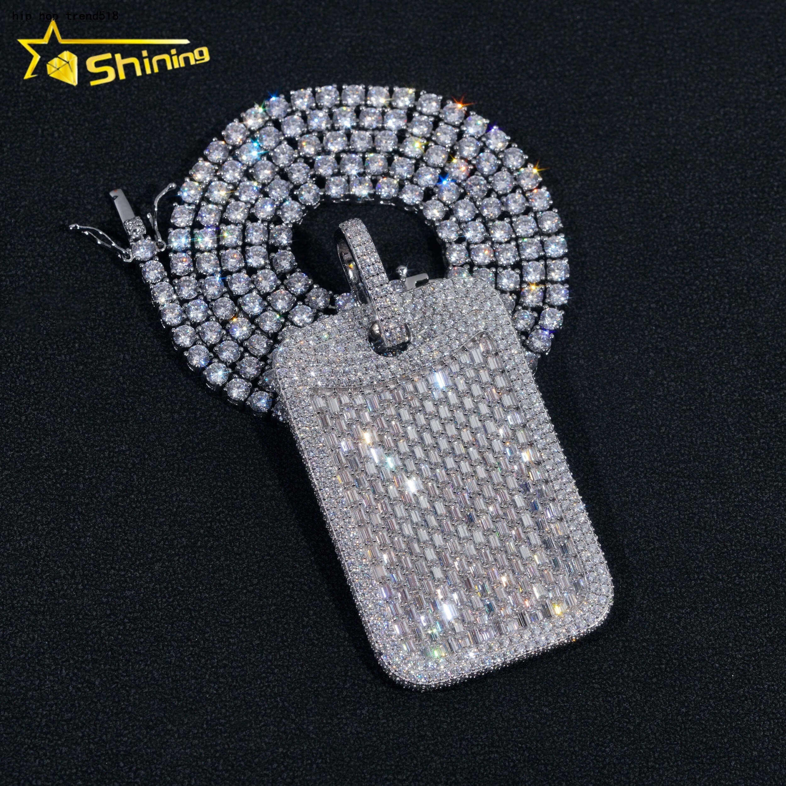 Baguette Moissanite Tag Pendant Hip Hop Fashion Vvs Moissanite Diamond Fully Iced Out Pendant Fine Jewelry New Arrivals