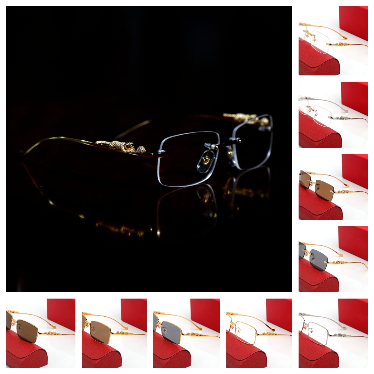 luxury designer sunglasses Eyeglasses frames temples with panther heads Metal Frameless Full Rim Semi Rimless rectangular shape for men woman eyewear accessories