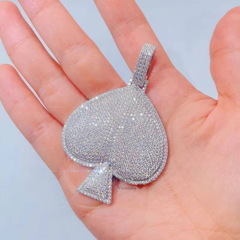 14K White Gold Fully Iced Out Moissanite Diamond Ace Spade Pendant