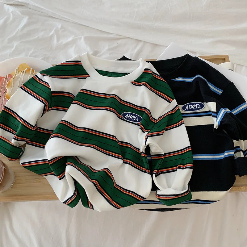 autumn Children Clothes Girls Long Sleeves Bottoming Shirts Cool Boys Stripe Cotton Tshirt Teen Loose Casual 27y Kids Top 260104