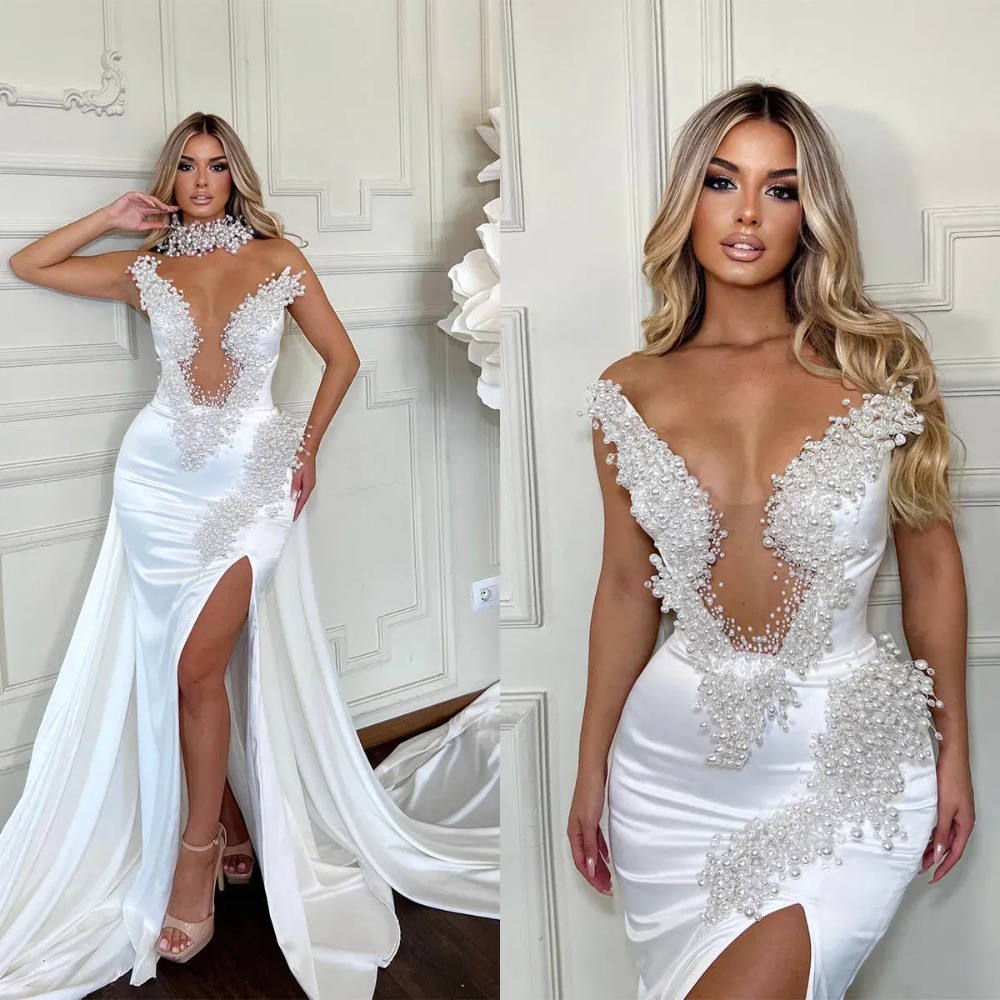 Stunning Pearls Beaded Mermaid Wedding Dresses With Deachable Train Sexy Split Aso Ebi Off Shoulder V Neck Bridal Gowns Modern White Satin Vestidos De Novia